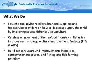 What We Do
•

Educate and advise retailers, branded suppliers and
foodservice providers on how to decrease supply chain risk
by improving source fisheries / aquaculture

•

Catalyse engagement of the seafood industry in Fisheries
Improvement and Aquaculture Improvement Projects (FIPs
& AIPs)

•

Build consensus around improvements in policies,
conservation measures, and fishing and fish-farming
practices

 