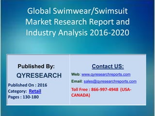 Global Swimwear/Swimsuit
Market Research Report and
Industry Analysis 2016-2020
Published By:
QYRESEARCH
Published On : 2016
Category: Retail
Pages : 130-180
Contact US:
Web: www.qyresearchreports.com
Email: sales@qyresearchreports.com
Toll Free : 866-997-4948 (USA-
CANADA)
 