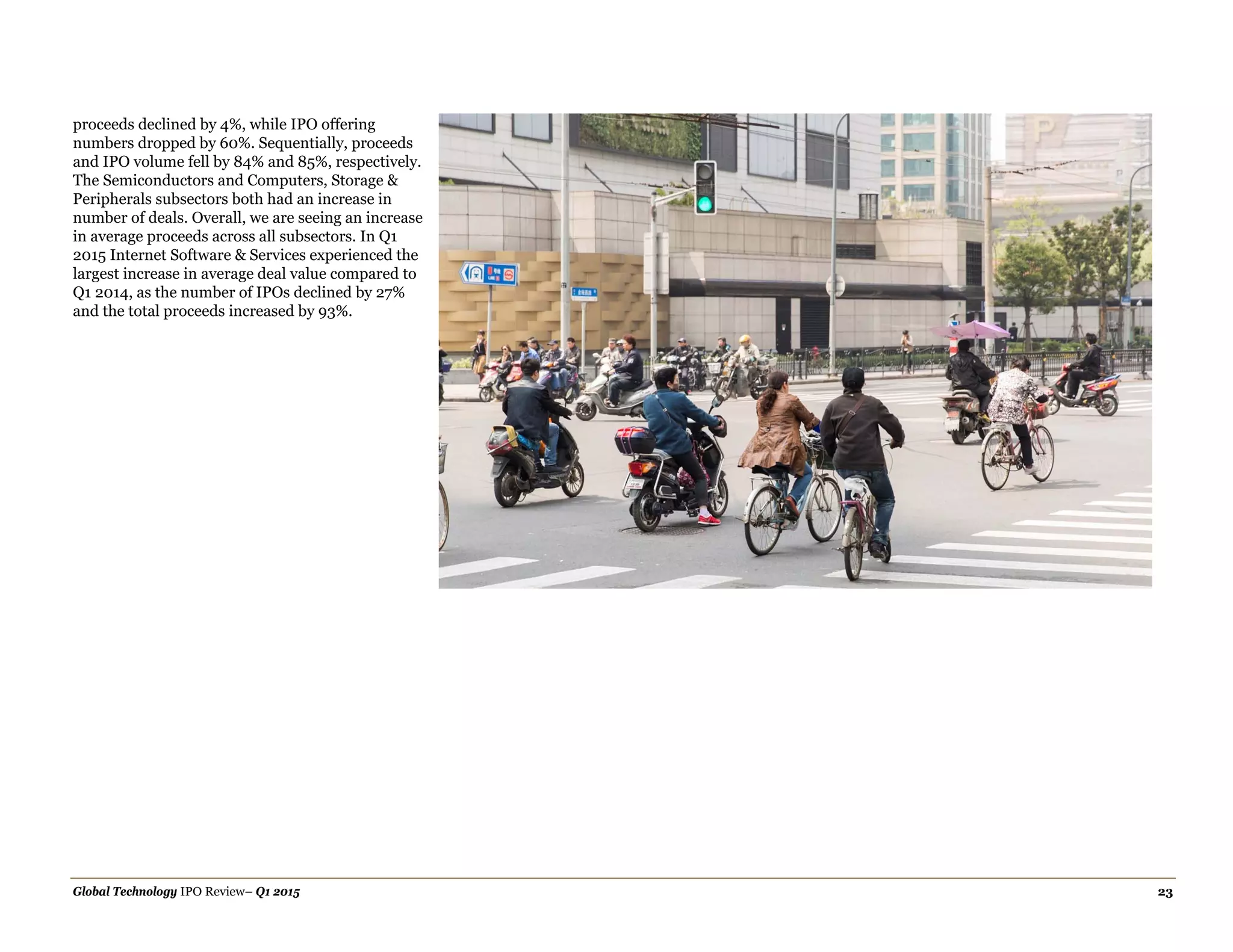 Global Technology IPO Review– Q1 2015 23
proceeds declined by 4%, while IPO offering
numbers dropped by 60%. Sequentially, proceeds
and IPO volume fell by 84% and 85%, respectively.
The Semiconductors and Computers, Storage &
Peripherals subsectors both had an increase in
number of deals. Overall, we are seeing an increase
in average proceeds across all subsectors. In Q1
2015 Internet Software & Services experienced the
largest increase in average deal value compared to
Q1 2014, as the number of IPOs declined by 27%
and the total proceeds increased by 93%.
 