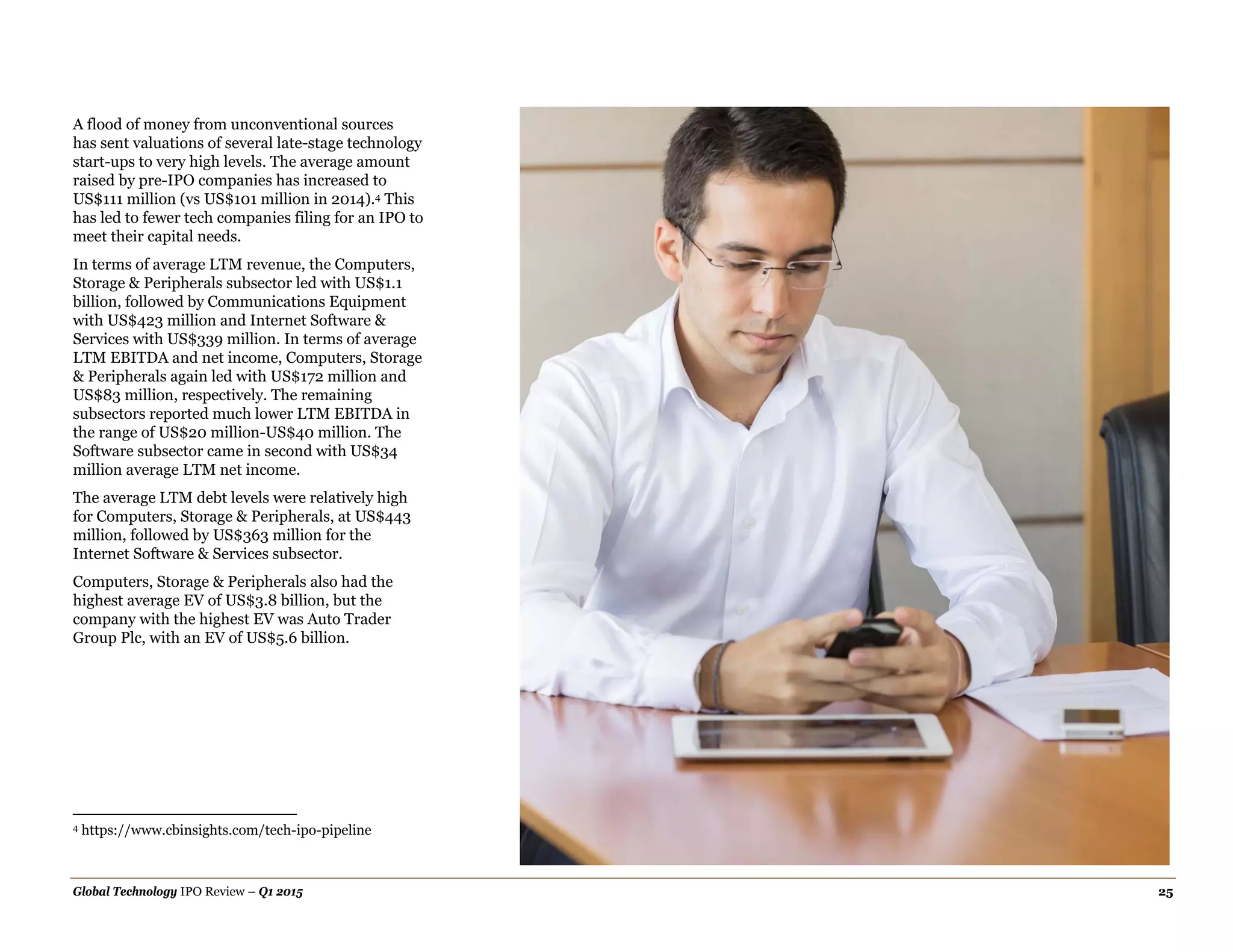 Global Technology IPO Review – Q1 2015 25
A flood of money from unconventional sources
has sent valuations of several late-stage technology
start-ups to very high levels. The average amount
raised by pre-IPO companies has increased to
US$111 million (vs US$101 million in 2014).4 This
has led to fewer tech companies filing for an IPO to
meet their capital needs.
In terms of average LTM revenue, the Computers,
Storage & Peripherals subsector led with US$1.1
billion, followed by Communications Equipment
with US$423 million and Internet Software &
Services with US$339 million. In terms of average
LTM EBITDA and net income, Computers, Storage
& Peripherals again led with US$172 million and
US$83 million, respectively. The remaining
subsectors reported much lower LTM EBITDA in
the range of US$20 million-US$40 million. The
Software subsector came in second with US$34
million average LTM net income.
The average LTM debt levels were relatively high
for Computers, Storage & Peripherals, at US$443
million, followed by US$363 million for the
Internet Software & Services subsector.
Computers, Storage & Peripherals also had the
highest average EV of US$3.8 billion, but the
company with the highest EV was Auto Trader
Group Plc, with an EV of US$5.6 billion.
4 https://www.cbinsights.com/tech-ipo-pipeline
 