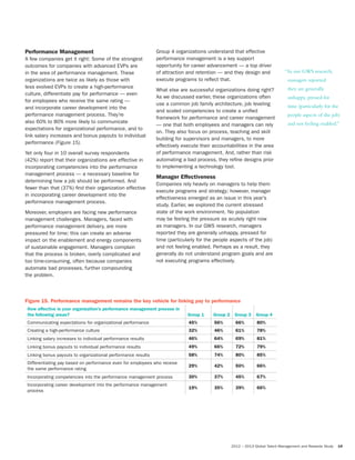 2012 – 2013 Global Talent Management and Rewards Study 19
Figure 15. Performance management remains the key vehicle for linking pay to performance
How effective is your organization’s performance management process in
the following areas? Group 1 Group 2 Group 3 Group 4
Communicating expectations for organizational performance 45% 56% 66% 80%
Creating a high-performance culture 32% 46% 61% 78%
Linking salary increases to individual performance results 46% 64% 69% 81%
Linking bonus payouts to individual performance results 49% 66% 72% 79%
Linking bonus payouts to organizational performance results 58% 74% 80% 85%
Differentiating pay based on performance even for employees who receive
the same performance rating
29% 42% 50% 66%
Incorporating competencies into the performance management process 30% 37% 45% 67%
Incorporating career development into the performance management
process
19% 35% 39% 66%
Performance Management
A few companies get it right: Some of the strongest
outcomes for companies with advanced EVPs are
in the area of performance management. These
organizations are twice as likely as those with
less evolved EVPs to create a high-performance
culture, differentiate pay for performance — even
for employees who receive the same rating —
and incorporate career development into the
performance management process. They’re
also 60% to 80% more likely to communicate
expectations for organizational performance, and to
link salary increases and bonus payouts to individual
performance (Figure 15).
Yet only four in 10 overall survey respondents
(42%) report that their organizations are effective in
incorporating competencies into the performance
management process — a necessary baseline for
determining how a job should be performed. And
fewer than that (37%) find their organization effective
in incorporating career development into the
performance management process.
Moreover, employers are facing new performance
management challenges. Managers, faced with
performance management delivery, are more
pressured for time; this can create an adverse
impact on the enablement and energy components
of sustainable engagement. Managers complain
that the process is broken, overly complicated and
too time-consuming, often because companies
automate bad processes, further compounding
the problem.
Group 4 organizations understand that effective
performance management is a key support
opportunity for career advancement — a top driver
of attraction and retention — and they design and
execute programs to reflect that.
What else are successful organizations doing right?
As we discussed earlier, these organizations often
use a common job family architecture, job leveling
and scaled competencies to create a unified
framework for performance and career management
— one that both employees and managers can rely
on. They also focus on process, teaching and skill
building for supervisors and managers, to more
effectively execute their accountabilities in the area
of performance management. And, rather than risk
automating a bad process, they refine designs prior
to implementing a technology tool.
Manager Effectiveness
Companies rely heavily on managers to help them
execute programs and strategy; however, manager
effectiveness emerged as an issue in this year’s
study. Earlier, we explored the current stressed
state of the work environment. No population
may be feeling the pressure as acutely right now
as managers. In our GWS research, managers
reported they are generally unhappy, pressed for
time (particularly for the people aspects of the job)
and not feeling enabled. Perhaps as a result, they
generally do not understand program goals and are
not executing programs effectively.
“In our GWS research,
managers reported
they are generally
unhappy, pressed for
time (particularly for the
people aspects of the job)
and not feeling enabled.”
 