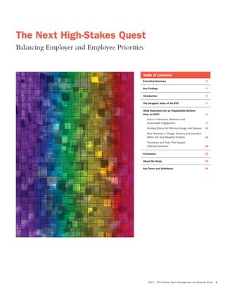 2012 – 2013 Global Talent Management and Rewards Study 1
Table of Contents
Executive Summary 2
Key Findings 4
Introduction 5
The Stragetic Value of the EVP 6
What Outcomes Can an Organization Achieve
From its EVP? 9
Gains in Attraction, Retention and
Sustainable Engagement 9
Building Blocks for Effective Design and Delivery 10
Best Practices in Design, Delivery and Execution
Within the Total Rewards Portfolio 14
Processes and Tools That Support
Effective Execution 18
Conclusion 22
About the Study 23
Key Terms and Deﬁnitions 24
The Next High-Stakes Quest
Balancing Employer and Employee Priorities
 