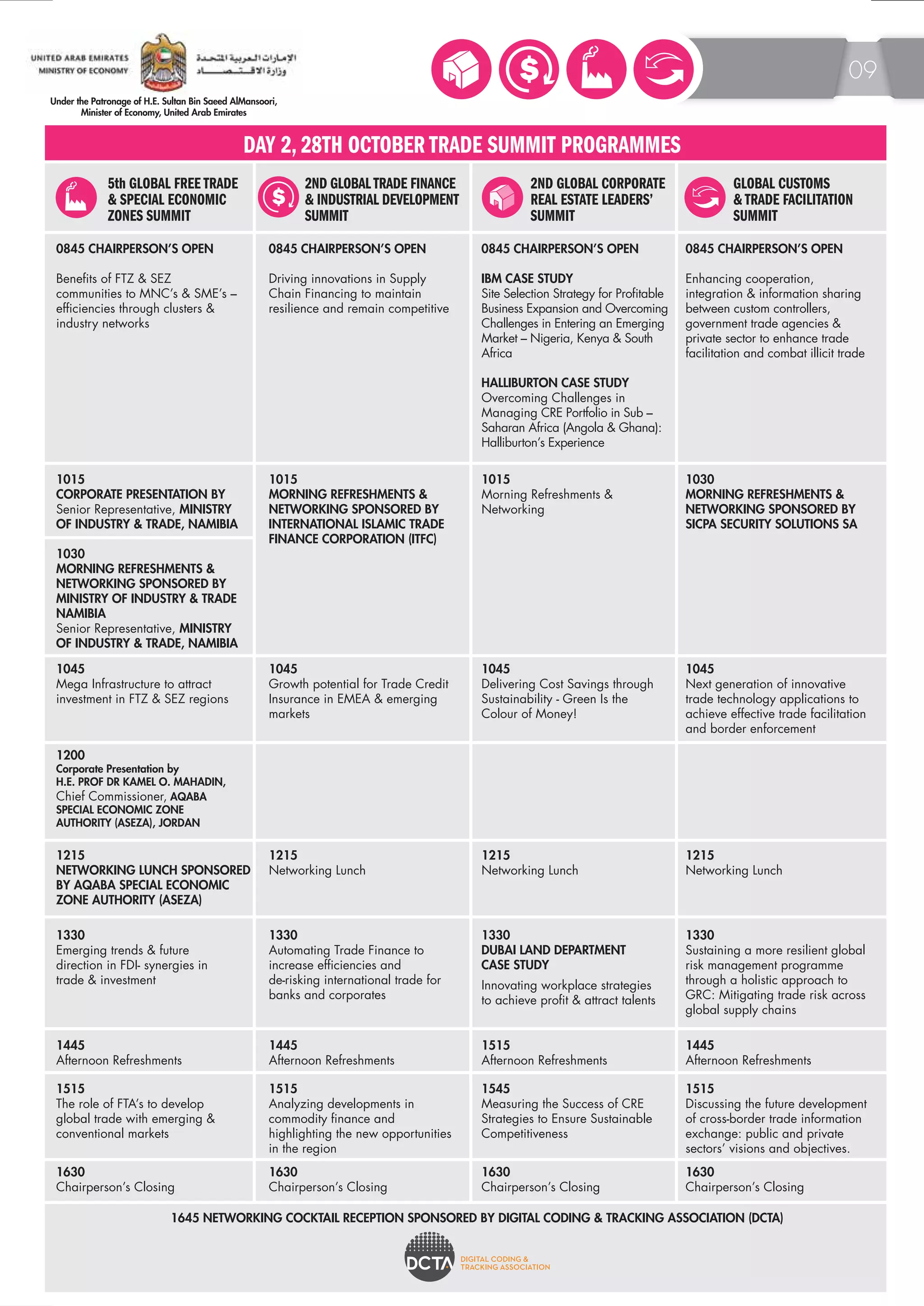 5th GLOBAL FREE TRADE 
& SPECIAL ECONOMIC 
ZONES SUMMIT 
DAY 2, 28TH OCTOBER TRADE SUMMIT PROGRAMMES 
2ND GLOBAL TRADE FINANCE 
& INDUSTRIAL DEVELOPMENT 
SUMMIT 
2ND GLOBAL CORPORATE 
REAL ESTATE LEADERS’ 
SUMMIT 
GLOBAL CUSTOMS 
& TRADE FACILITATION 
SUMMIT 
0845 CHAIRPERSON’S OPEN 
Benefits of FTZ & SEZ 
communities to MNC’s & SME’s – 
efficiencies through clusters & 
industry networks 
1015 
CORPORATE PRESENTATION BY 
Senior Representative, MINISTRY 
OF INDUSTRY & TRADE, NAMIBIA 
1030 
MORNING REFRESHMENTS & 
NETWORKING SPONSORED BY 
MINISTRY OF INDUSTRY & TRADE 
NAMIBIA 
Senior Representative, MINISTRY 
OF INDUSTRY & TRADE, NAMIBIA 
1015 
MORNING REFRESHMENTS & 
NETWORKING SPONSORED BY 
INTERNATIONAL ISLAMIC TRADE 
FINANCE CORPORATION (ITFC) 
1015 
Morning Refreshments & 
Networking 
1030 
MORNING REFRESHMENTS & 
NETWORKING SPONSORED BY 
SICPA SECURITY SOLUTIONS SA 
1200 
Corporate Presentation by 
H.E. PROF DR KAMEL O. MAHADIN, 
Chief Commissioner, AQABA 
SPECIAL ECONOMIC ZONE 
AUTHORITY (ASEZA), JORDAN 
1215 
NETWORKING LUNCH SPONSORED 
BY AQABA SPECIAL ECONOMIC 
ZONE AUTHORITY (ASEZA) 
1215 
Networking Lunch 
1215 
Networking Lunch 
1215 
Networking Lunch 
1445 
Afternoon Refreshments 
1445 
Afternoon Refreshments 
1515 
Afternoon Refreshments 
1445 
Afternoon Refreshments 
1630 
Chairperson’s Closing 
1630 
Chairperson’s Closing 
1630 
Chairperson’s Closing 
1630 
Chairperson’s Closing 
1045 
Mega Infrastructure to attract 
investment in FTZ & SEZ regions 
1045 
Growth potential for Trade Credit 
Insurance in EMEA & emerging 
markets 
1045 
Delivering Cost Savings through 
Sustainability - Green Is the 
Colour of Money! 
1045 
Next generation of innovative 
trade technology applications to 
achieve effective trade facilitation 
and border enforcement 
1330 
Emerging trends & future 
direction in FDI- synergies in 
trade & investment 
1330 
Automating Trade Finance to 
increase efficiencies and 
de-risking international trade for 
banks and corporates 
1330 
DUBAI LAND DEPARTMENT 
CASE STUDY 
Innovating workplace strategies 
to achieve profit & attract talents 
1330 
Sustaining a more resilient global 
risk management programme 
through a holistic approach to 
GRC: Mitigating trade risk across 
global supply chains 
1515 
The role of FTA’s to develop 
global trade with emerging & 
conventional markets 
1515 
Analyzing developments in 
commodity finance and 
highlighting the new opportunities 
in the region 
1545 
Measuring the Success of CRE 
Strategies to Ensure Sustainable 
Competitiveness 
1515 
Discussing the future development 
of cross-border trade information 
exchange: public and private 
sectors’ visions and objectives. 
0845 CHAIRPERSON’S OPEN 
Driving innovations in Supply 
Chain Financing to maintain 
resilience and remain competitive 
0845 CHAIRPERSON’S OPEN 
Enhancing cooperation, 
integration & information sharing 
between custom controllers, 
government trade agencies & 
private sector to enhance trade 
facilitation and combat illicit trade 
0845 CHAIRPERSON’S OPEN 
IBM CASE STUDY 
Site Selection Strategy for Profitable 
Business Expansion and Overcoming 
Challenges in Entering an Emerging 
Market – Nigeria, Kenya & South 
Africa 
HALLIBURTON CASE STUDY 
Overcoming Challenges in 
Managing CRE Portfolio in Sub – 
Saharan Africa (Angola & Ghana): 
Halliburton’s Experience 
1645 NETWORKING COCKTAIL RECEPTION SPONSORED BY DIGITAL CODING & TRACKING ASSOCIATION (DCTA) 
09 
 