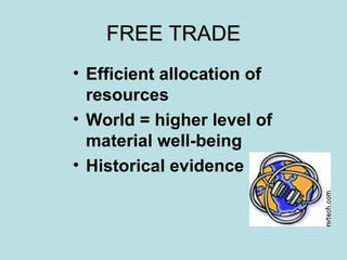 FREE TRADE Efficient allocation of resources World = higher level of material well-being Historical evidence 
