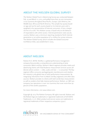 21Copyright © 2015 The Nielsen Company
ABOUT THE NIELSEN GLOBAL SURVEY
The Nielsen Global Trust in Advertising Survey was ...
