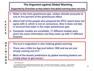 The Argument against Global Warming, Supported by Scientists as they believe that global warming does not exist Water is the main greenhouse gas, carbon dioxide accounts to one to five percent of the greenhouse effect About half of the people who prepared the IPCC report does not agree with it, which is not an consensus. Also it does not take in account that water is the major greenhouse gas. Computer models are unreliable, 17 different models were given the same information and they came up with 17 different answers The sun’s magnetism is also helping global warming There was a little Ice Age just before 1900 and we are just simply coming out of it. 1 Most of the drastic predictions by global warming leaders are simply ploys to get money. 2 FACTS OPINIONS 1. See following chart 2.  Dr. Stephen Schneider, a leading global warming figure, said, “To capture the public imagination… we have to… make simplified dramatic statements, and little mention of any doubts one might have… Each of us has to decide the right balance between being effective and being honest”   