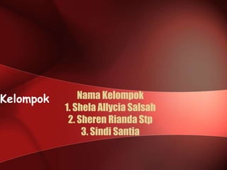 Nama Kelompok
1. Shela Allycia Salsah
2. Sheren Rianda Stp
3. Sindi Santia
Kelompok
 