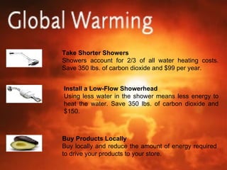 Take Shorter Showers Showers account for 2/3 of all water heating costs. Save 350 lbs. of carbon dioxide and $99 per year. Install a Low-Flow Showerhead Using less water in the shower means less energy to heat the water. Save 350 lbs. of carbon dioxide and $150. Buy Products Locally Buy locally and reduce the amount of energy required to drive your products to your store. 