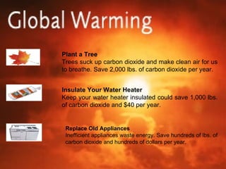 Plant a Tree Trees suck up carbon dioxide and make clean air for us to breathe. Save 2,000 lbs. of carbon dioxide per year. Insulate Your Water Heater Keep your water heater insulated could save 1,000 lbs. of carbon dioxide and $40 per year. Replace Old Appliances Inefficient appliances waste energy. Save hundreds of lbs. of carbon dioxide and hundreds of dollars per year. 