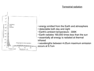 Terrestrial radiation   •  energy emitted from the Earth and atmosphere  •  detectable both day and night  •  Earth's ambient temperature - 300K  •  Earth radiates 160,000 times less than the sun  •  essentially all energy is radiated at thermal  infrared  •  wavelengths between 4-25um maximum emission  occurs at 9.7um  
