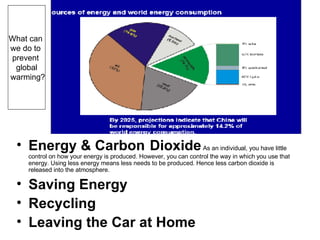 Energy & Carbon   Dioxide   As an individual, you have little control on how your energy is produced. However, you can control the way in which you use that energy. Using less energy means less needs to be produced. Hence less carbon dioxide is released into the atmosphere. Saving Energy Recycling Leaving the Car at Home What can  we do to  prevent  global warming? 