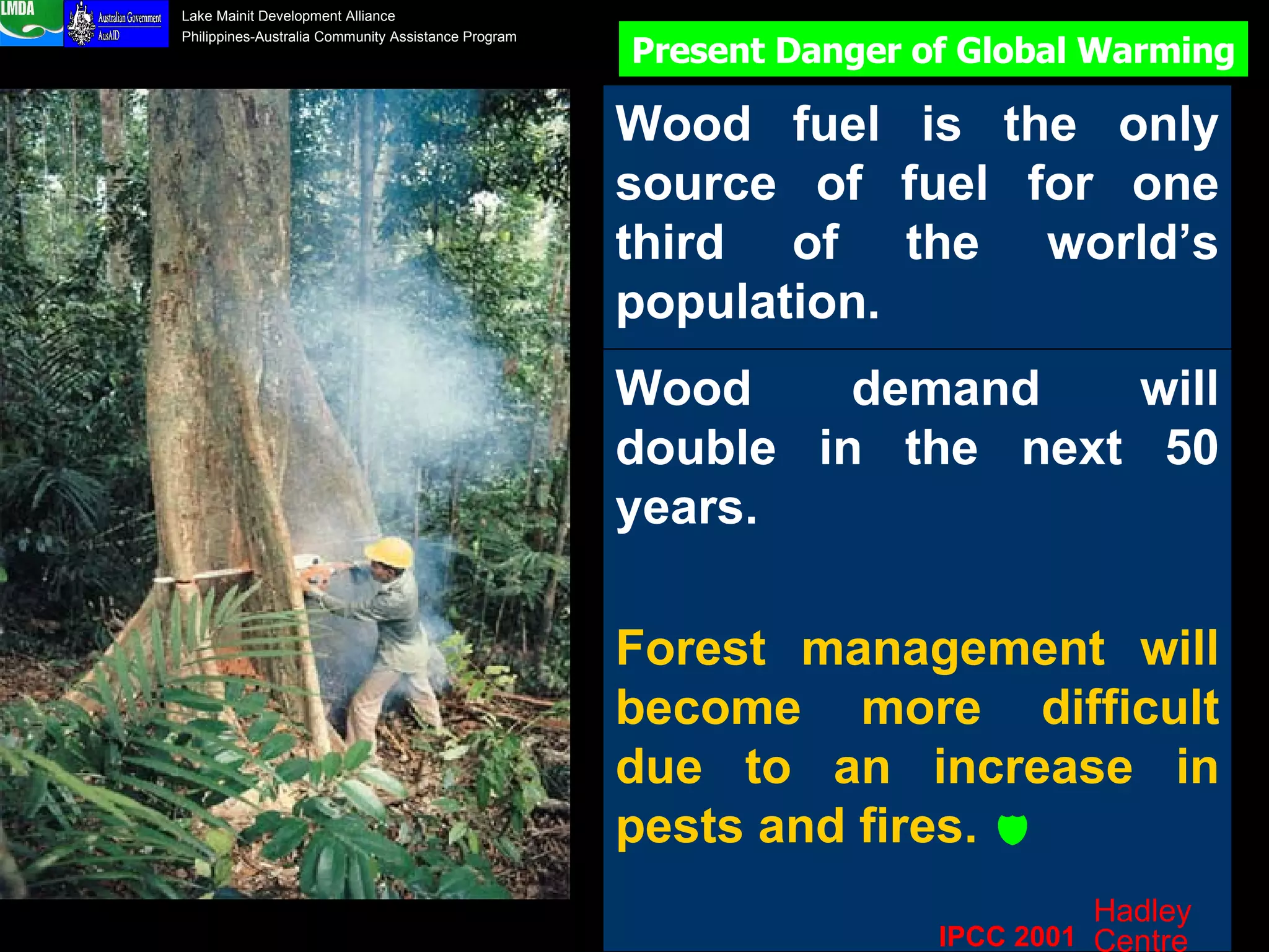 Wood demand will double in the next 50 years. Forest management will become more difficult due to an increase in pests and fires.   Present Danger of Global Warming Wood fuel is the only source of fuel for one third of the world’s population. IPCC 2001 Hadley Centre 