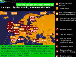 http://www.climatehotmap.org   The impact of global warming in Europe and Russia Present Danger of Global Warming Heat waves and periods of unusually warm weather  Ocean warming, sea-level rise and coastal flooding  Glaciers melting   Arctic and Antarctic warming  Spreading disease   Earlier spring arrival  Plant and animal range shifts and population changes  Coral reef bleaching  Downpours, heavy snowfalls, and flooding  Droughts and fires  Arctic Ocean - Decreasing ice cover . Satellite measurements indicate the area of perennial ice cover has decreased by about 7% per decade since 1978. Caucasus Mountains, Russia -- Half of all glacial ice disappeared in the past 100 years .  United Kingdom -- Birds shift northward . Over a 20-year period, many birds have extended the northern margins of their ranges by an average of about 12 miles  Mediterranean -- Intense drought and fires . Spain lost more than 1.2 million acres (485,622 hectares) of forest to wildfires in 1994, and 370,000 acres (149,734 hectares) burned in each of Greece and Italy in 1998. Germany -- Mollusc range shift . 20% of 40 mollusc species in a national park have changed their distribution in response to warming.  United Kingdom - British birds extend their ranges northward . A comparison of the breeding distributions of birds for two time periods, 1968-72 and 1988-91, showed that the northern margins for many species had moved northwards by an average of about 12 miles (19 km).  