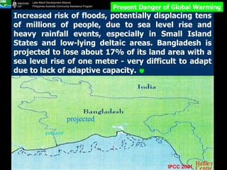 projected present Increased risk of floods, potentially displacing tens of millions of people, due to sea level rise and heavy rainfall events, especially in Small Island States and low-lying deltaic areas. Bangladesh is projected to lose about 17% of its land area with a sea level rise of one meter - very difficult to adapt due to lack of adaptive capacity.   Present Danger of Global Warming IPCC 2001 Hadley Centre 