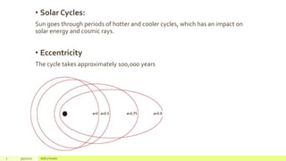 • Solar Cycles:
Sun goes through periods of hotter and cooler cycles, which has an impact on
solar energy and cosmic rays.
• Eccentricity
The cycle takes approximately 100,000 years
7 3/5/2020 Add a footer
 