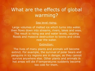What are the effects of global
warming?
Sea level rising:
Large volumes of melted ice which turns into water,
then flows down into streams, rivers, lakes and seas.
The result is rising sea and water levels, causing
floods and massive destruction to towns and cities
near the water.
Extinction:
The lives of many plants and animals will become
extinct. For example, the survival of polar bears and
penguins in icy regions are in danger, as they cannot
survive anywhere else. Other plants and animals in
hot areas will die if temperatures suddenly become
too cold for them.
 