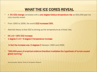 A  5% CO2 change  correlates with a  one degree Celsius temperature rise  as 650,000-year ice core records reveal.  From 1900 to 2006, the world  CO2 increased 30%. Alarmist theory is that CO2 is driving up the temperature at a linear rate. 5% x 6 = 30% CO2 increase 1 degree C x 6 = 6 degree C temperature increase   In fact the increase was .5 degrees C  between 1900 and 2006. “ 650,000-years of empirical evidence therefore invalidates the hypothesis of human-caused global warming.” David Schneider, National  Center for Atmospheric Research 
