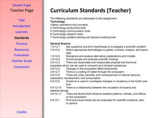 Curriculum Standards (Teacher) [ Student Page ] Title Introduction Learners Standards Process Resources Credits Teacher Page The following standards are addressed in this assignment: Technology Basic operations and concepts Technology productivity tools Technology communication tools Technology research tools Technology problem-solving and decision-making tools General Science 1.9-12.1 Ask questions and form hypotheses to investigate a scientific problem 1.9-12.2 Select appropriate technologies to gather, process, analyze, and report  data 1.9-12.4 Recognize and analyze alternative explanations and models 1.9-12.6 Communicate and evaluate scientific thinking 2.9-12.3 There are observable and measurable physical and chemical  properties which can be used to compare and contrast substances 3.9-12.6 Changes in the ecosystem affect biodiversity 3.9-12.7 There is a cycling of matter through the ecosystem 4.9-12.4 There are costs, benefits, and consequences of natural resource  exploration, development, and consumption 4.9-12.6 Evidence is used to investigate changes or constancy in the Earth over  time 4.9-12.10 There is a relationship between the circulation of oceans and  weather/climate 4.9-12.11 There are factors that influence weather patterns, climate, and effects  on the ecosystem 5.9-12.1 Print and visual media can be evaluated for scientific evidence, bias,  or opinion Evaluation Teacher Script Conclusion 