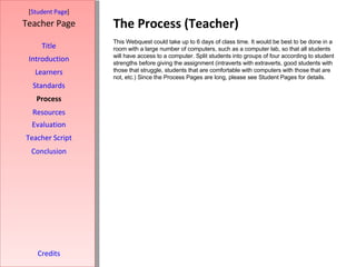 The Process (Teacher) [ Student Page ] Title Introduction Learners Standards Process Resources Credits Teacher Page This Webquest could take up to 6 days of class time. It would be best to be done in a room with a large number of computers, such as a computer lab, so that all students will have access to a computer. Split students into groups of four according to student strengths before giving the assignment (intraverts with extraverts, good students with those that struggle, students that are comfortable with computers with those that are not, etc.) Since the Process Pages are long, please see Student Pages for details. Evaluation Teacher Script Conclusion 