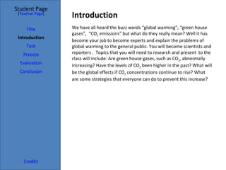 Introduction Student Page Title Introduction Task Process Evaluation Conclusion Credits [ Teacher Page ] We have all heard the buzz words “global warming”, “green house gases”,  “CO 2  emissions” but what do they really mean? Well it has become your job to become experts and explain the problems of global warming to the general public. You will become scientists and reporters .  Topics that you will need to research and present  to the class will include: Are green house gases, such as CO 2 , abnormally increasing? Have the levels of CO 2  been higher in the past? What will be the global effects if CO 2  concentrations continue to rise? What are some strategies that everyone can do to prevent this increase? 