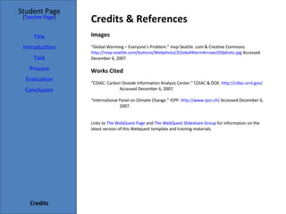 Credits & References Student Page Title Introduction Task Process Evaluation Conclusion Credits [ Teacher Page ] Images “ Global Warming – Everyone’s Problem.” mvp-Seattle .com & Creative Commons.  http://mvp-	seattle.com/buttons/Webphoto/2GlobalWarmArrows350photo.jpg  Accessed  December 6, 2007. Works Cited “ CDIAC: Carbon Dioxide Information Analysis Center.” CDIAC & DOE.  http://cdiac.ornl.gov/   Accessed December 6, 2007. “ International Panel on Climate Change.” ICPP.  http://www.ipcc.ch/  Accessed December 6,  2007. Links to  The WebQuest Page  and  The WebQuest Slideshare Group  for information on the latest version of this Webquest template and training materials. 
