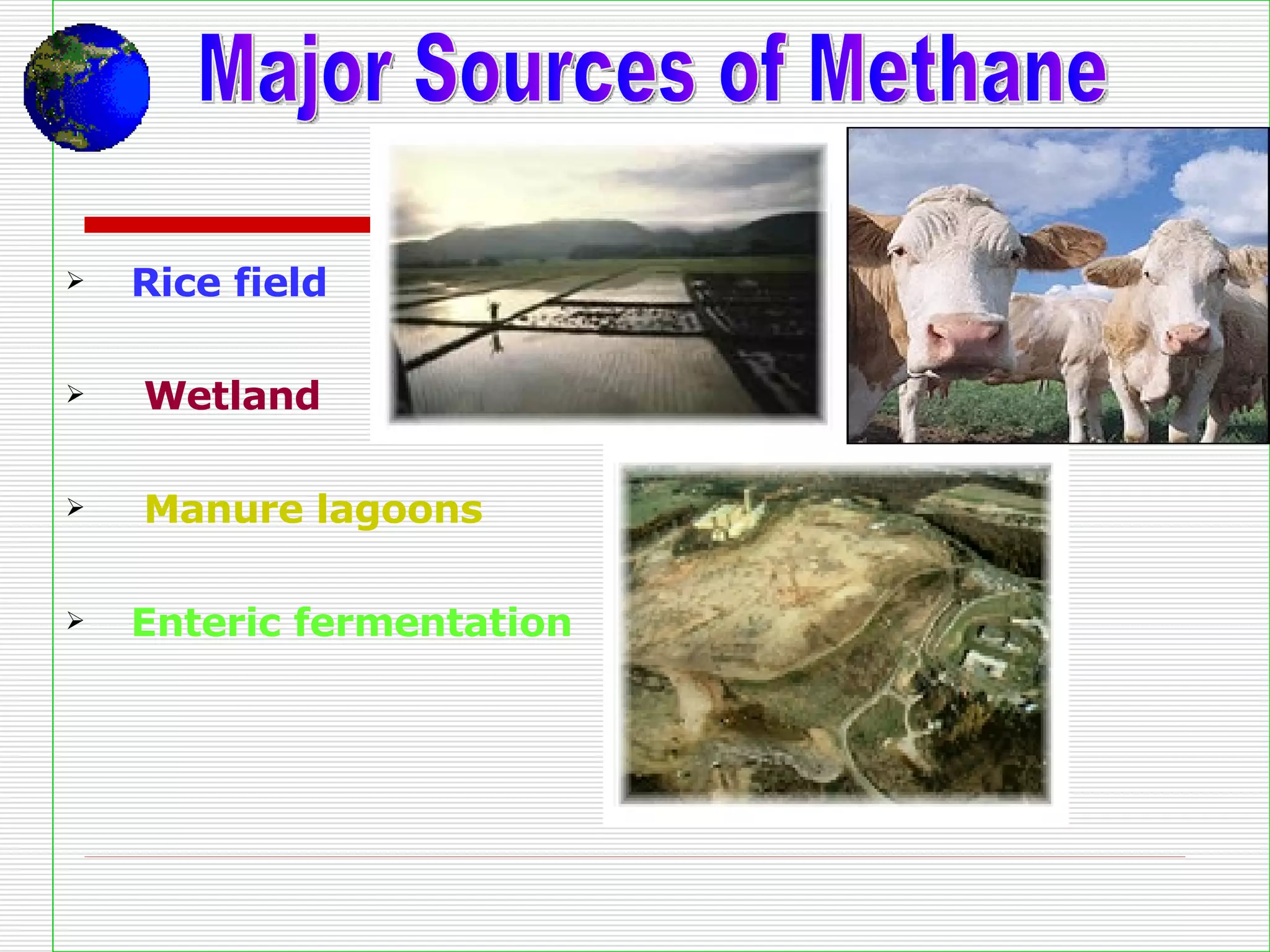 Rice field Wetland Manure lagoons  Enteric fermentation   Major Sources of Methane 