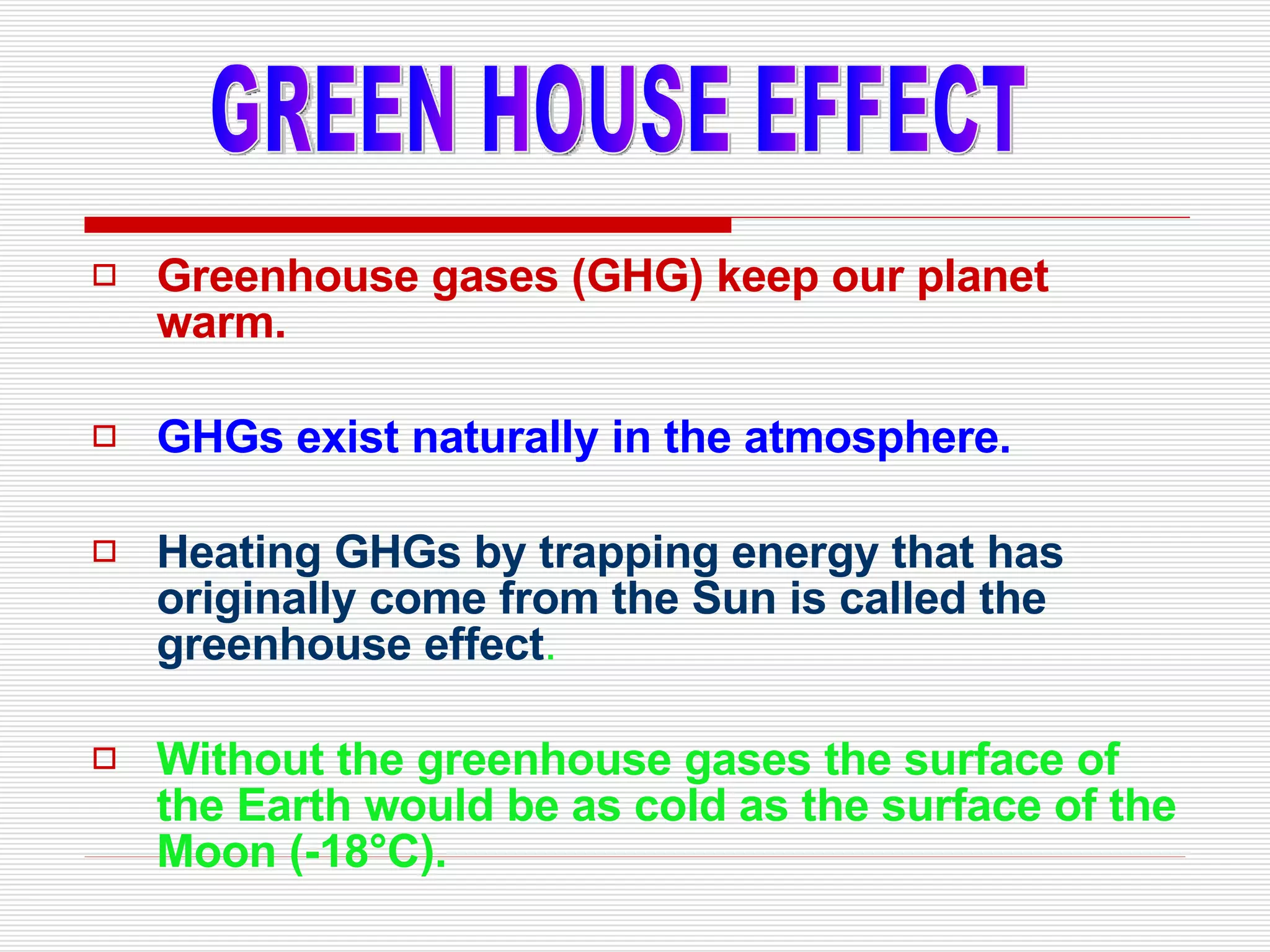 Greenhouse gases (GHG) keep our planet warm.  GHGs exist naturally in the atmosphere.   Heating GHGs by trapping energy that has originally come from the Sun is called the greenhouse effect . Without the greenhouse gases the surface of the Earth would be as cold as the surface of the Moon (-18°C). GREEN HOUSE EFFECT 
