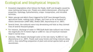 24
Ecological and biophysical impacts
 Ecosystem degradation often follows the floods, GLOF and droughts caused by
snow melting and heavy rain. Floods carry debris downstream, affecting soil
properties, hydrology, hydrochemistry, evapo‐ transpiration, and microbial
activities.
 Water upsurge and debris flows triggered by GLOF have damaged forests,
agricultural lands, walking trails, bridges, and rivers as far as hundred of
meters downstream (UNEP 2002, Dhakal 2003, Bajracharya et al. 2007).
 Several times, the outbursts were truly devastating and fatal as they claimed
lives of several thousand people.
 For instance, discharge of water in 1995 Dudh Koshi lake outburst was 4 times
the magnitude (10‐15 meters high or 2,000 m3 /sec) of maximum monsoon
flood in normal time.
 Likewise, 1982 disaster discharged water at the rate nearly 16,000 m3 /sec
(Bajracharya et al. 2007). Floods wash away forests and living creatures along
with it, thus reshuffling composition of plant and animal species both up and
downstream.
 