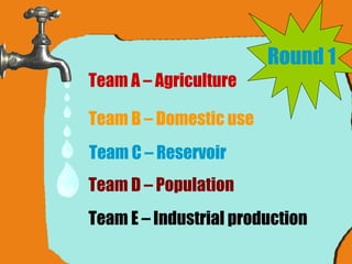 Round 1 Team A – Agriculture Team B – Domestic use Team C – Reservoir Team D – Population Team E – Industrial production 