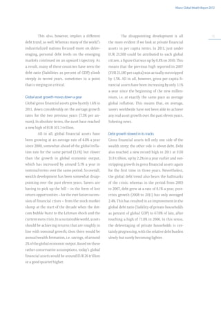 Allianz Global Wealth Report 2012




        This also, however, implies a different               The disappointing development is all                                15

debt trend, as well. Whereas many of the world’s      the more evident if we look at private financial
industrialized nations focused more on delev-         assets in per capita terms. In 2011, just under
eraging, personal debt levels on the emerging         EUR 21,500 could be attributed to each global
markets continued on an upward trajectory. As         citizen, a figure that was up by 0.8% on 2010. This
a result, many of these countries have seen the       means that the previous high reported in 2007
debt ratio (liabilities as percent of GDP) climb      (EUR 21,180 per capita) was actually outstripped
steeply in recent years, sometimes to a point         by 1.5%. All in all, however, gross per capita fi-
that is verging on critical.                          nancial assets have been increasing by only 3.1%
                                                      a year since the beginning of the new millen-
Global asset growth moves down a gear                 nium, i.e. at exactly the same pace as average
Global gross financial assets grew by only 1.6% in    global inflation. This means that, on average,
2011, down considerably on the average growth         savers worldwide have not been able to achieve
rates for the two previous years (7.3% per an-        any real asset growth over the past eleven years.
num). In absolute terms, the asset base reached       Sobering news.
a new high of EUR 103.3 trillion.
        All in all, global financial assets have      Debt growth slowed in its tracks
been growing at an average rate of 4.0% a year        Gross financial assets tell only one side of the
since 2000, somewhat ahead of the global infla-       wealth story; the other side is about debt. Debt
tion rate for the same period (3.1%) but slower       also reached a new record high in 2011 at EUR
than the growth in global economic output,            31.8 trillion, up by 2.2% on a year earlier and out-
which has increased by around 5.1% a year in          stripping growth in gross financial assets again
nominal terms over the same period. So overall,       for the first time in three years. Nevertheless,
wealth development has been somewhat disap-           the global debt trend also bears the hallmarks
pointing over the past eleven years. Savers are       of the crisis: whereas in the period from 2003
having to pick up the bill – in the form of lost      to 2007, debt grew at a rate of 8.1% a year, post-
return opportunities – for the ever faster succes-    crisis growth (2008 to 2011) has only averaged
sion of financial crises – from the stock market      2.4%. This has resulted in an improvement in the
slump at the start of the decade when the dot-        global debt ratio (liability of private households
com bubble burst to the Lehman shock and the          as percent of global GDP) to 67.0% of late, after
current euro crisis. In a sustainable world, assets   touching a high of 71.8% in 2006. In this sense,
should be achieving returns that are roughly in       the deleveraging of private households is cer-
line with nominal growth; then there would be         tainly progressing, with the relative debt burden
annual wealth formation, i.e. savings, of around      slowly but surely becoming lighter.
2% of the global economic output. Based on these
rather conservative assumptions, today’s global
financial assets would be around EUR 26 trillion
or a good quarter higher.
 