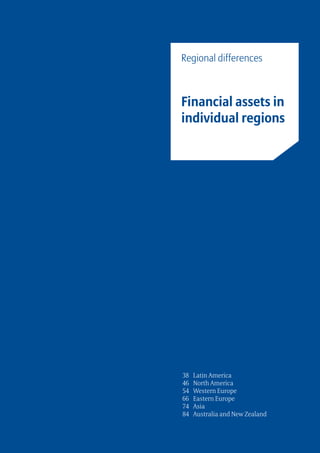 Regional differences



Financial assets in
individual regions




	38	   Latin America
	46	   North America
	54	   Western Europe
	66	   Eastern Europe
	74	   Asia
	84	   Australia and New Zealand
 