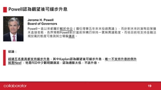 Powell一直以來都屬於較於中立（擔任理事五年來未投過異議），而針對未來的貨幣政策雖
未直接表態，各界預期Powell對於當前架構仍保持一貫無異議態度。而依目前他支持金融法
規放寬的態度可推測其立場偏鴿派。
Jerome H. Powell
Board of Governors
Powell認為觀望後可緩步升息
結論：
超過五名委員都支持緩步升息，其中Kaplan認為觀望後可緩步升息，唯一不支持升息的例外
就是Neel ，他是FED中少數明顯鴿派，認為通膨太低，不該升息。
19
 