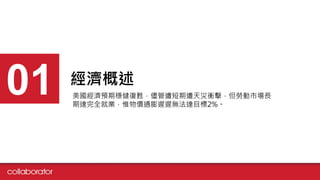 經濟概述
01 美國經濟預期穩健復甦，儘管遭短期遭天災衝擊，但勞動市場長
期達完全就業，惟物價通膨遲遲無法達目標2%。
 