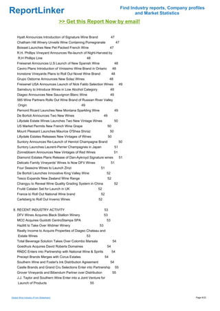 Find Industry reports, Company profiles
ReportLinker                                                                                 and Market Statistics
                                         >> Get this Report Now by email!

     Hyatt Announces Introduction of Signature Wine Brand                47
     Chatham Hill Winery Unveils Wine Containing Pomegranate                     47
     Boisset Launches New Pet Packed French Wine                        47
     R.H. Phillips Vineyard Announces Re-launch of Night-Harvest by
      R.H Phillips Line                               48
     Freixenet Announces U.S Launch of New Spanish Wine                      48
     Caviro Plans Introduction of Vinissimo Wine Brand in Ontario           48
     Ironstone Vineyards Plans to Roll Out Novel Wine Brand                 48
     Grupo Osborne Announces New Solaz Wines                            48
     Freixenet USA Announces Launch of Nick Faldo Selection Wines                  49
     Sainsbury to Introduce Wines in Low Alcohol Category               49
     Diageo Announces New Sauvignon Blanc Wine                          49
     585 Wine Partners Rolls Out Wine Brand of Russian River Valley
      Origin                                     49
     Pernord Ricard Launches New Montana Sparkling Wine                      49
     De Bortoli Announces Two New Wines                           49
     Lillydale Estate Wines Launches Two New Vintage Wines                   50
     US Market Permits New French Wine Grape                        50
     Mount Pleasant Launches Maurice O'Shea Shiraz                      50
     Lillydale Estates Releases New Vintages of Wines                  50
     Suntory Announces Re-Launch of Henriot Champagne Brand                        50
     Suntory Launches Laurent-Perrier Champagnes in Japan                    51
     Zonnebloem Announces New Vintages of Red Wines                          51
     Diamond Estates Plans Release of Dan-Aykroyd Signature wines                  51
     Delicato Family Vineyards' Wines Is Now DFV Wines                   51
     Four Seasons Wines to Launch Zinzi                       51
     De Bortoli Launches Innovative King Valley Wine                52
     Tesco Expands New Zealand Wine Range                              52
     Changyu to Reveal Wine Quality Grading System in China                  52
     Fruité Catalan Set for Launch in UK                    52
     France to Roll Out National Wine brand                   52
     Carlsberg to Roll Out Invenio Wines                     52


 8. RECENT INDUSTRY ACTIVITY                                      53
     DFV Wines Acquires Black Stallion Winery                     53
     MCC Acquires Guidotti CentroStampa SPA                         53
     Hazlitt to Take Over Widmer Winery                      53
     Realty Income to Acquire Properties of Diageo Chateau and
      Estate Wines                                    53
     Total Beverage Solution Takes Over Colombo Marsala                     54
     Goedhuis Acquires David Roberts Domaines                       54
     RNDC Enters into Partnership with National Wine & Spirits              54
     Precept Brands Merges with Corus Estates                     54
     Southern Wine and Foster's Ink Distribution Agreement              54
     Castle Brands and Grand Cru Selections Enter into Partnership            55
     Grover Vineyards and Bibendum Partner over Distribution                55
     J.J. Taylor and Southern Wine Enter into a Joint Venture for
      Launch of Products                               55



Global Wine Industry (From Slideshare)                                                                                  Page 6/23
 