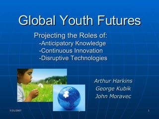 Global Youth Futures Projecting the Roles of:   -Anticipatory Knowledge   -Continuous Innovation   -Disruptive Technologies Arthur Harkins George Kubik John Moravec 7/31/2007 © 