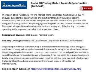 Global 3D Printing Market: Trends & Opportunities
(2012-2017)
The report titled "Global 3D Printing Market: Trends and Opportunities (2012-2017)"
analyzes the potential opportunities and significant trends in the global additive
manufacturing industry. The report also provides detailed analysis of the global market
sizing and future growth of 3D printing systems by products and services revenue stream.
The report also profiles and analyzes the business strategies of the leading companies
operating in the segment, including their expansion plans.
Geographical Coverage: Global, Asia- Pacific & Japan.

Company Coverage: Stratasys Ltd., 3D Systems Corporation & The ExOne Company
3D printing or Additive Manufacturing is a transformative technology. It has brought a
revolution in every industry it has entered- from manufacturing to retail and health care.
3D printing provides freedom to create and manufacture customized products as there is
no additional cost for complexity and uniqueness. It has the ability to mass customize and
locally print products as per specification at required point of time in a cost effective way.
It also significantly reduces undesired environmental impacts of traditional
manufacturing.

Complete report available @ http://www.marketreportsonline.com/295912.html

 