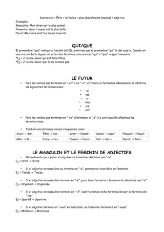 Sustantivo + Être + la/le/les + plus (más)/moins (menos) + adjetivo
Examples:
Masculino: Mon chien est le plus grand.
Feme...