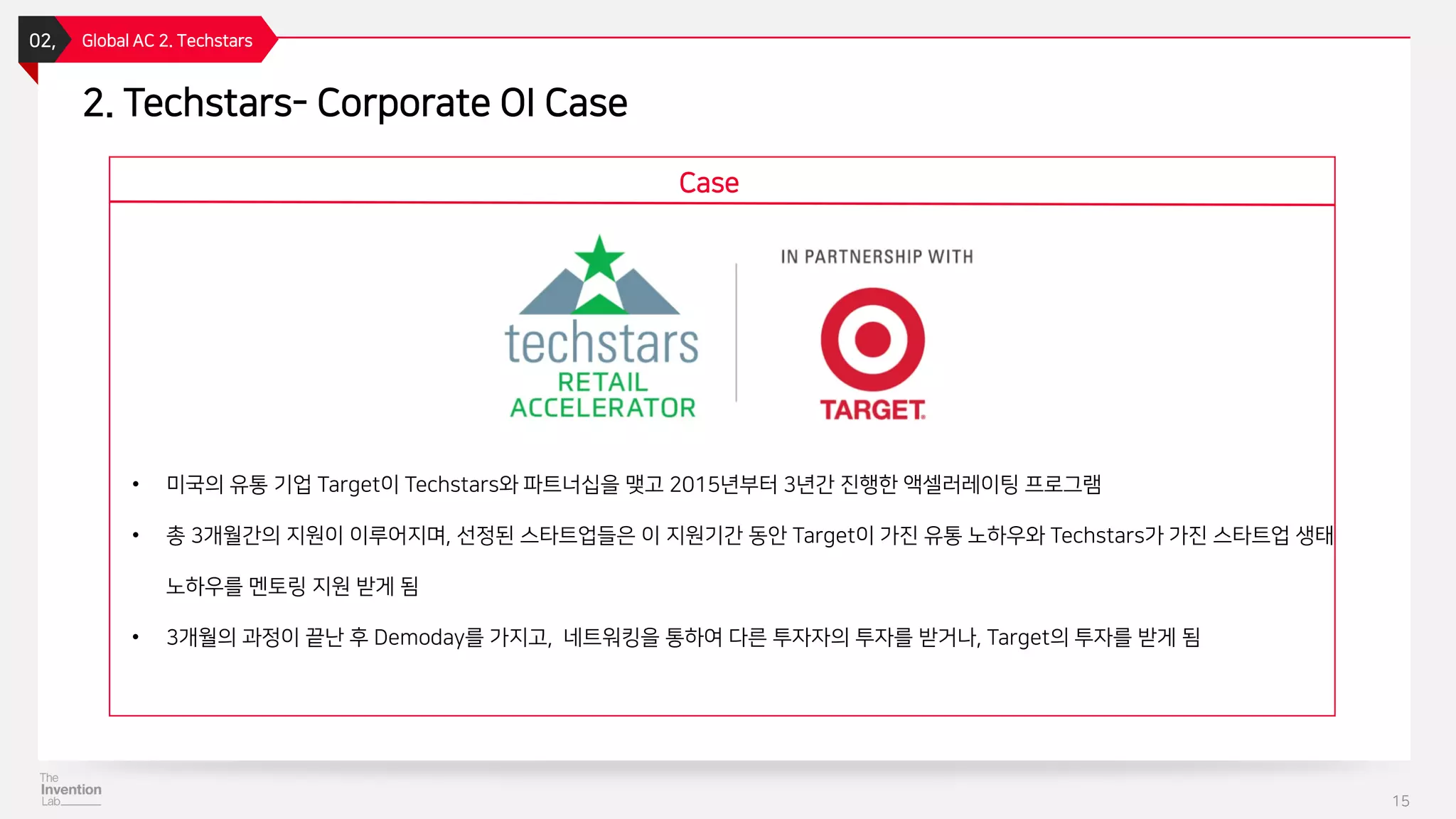 2. Techstars- Corporate OI Case
02, Global AC 2. Techstars
15
Case
• 미국의 유통 기업 Target이 Techstars와 파트너십을 맺고 2015년부터 3년간 진행한 액셀러레이팅 프로그램
• 총 3개월간의 지원이 이루어지며, 선정된 스타트업들은 이 지원기간 동안 Target이 가진 유통 노하우와 Techstars가 가진 스타트업 생태
노하우를 멘토링 지원 받게 됨
• 3개월의 과정이 끝난 후 Demoday를 가지고, 네트워킹을 통하여 다른 투자자의 투자를 받거나, Target의 투자를 받게 됨
 
