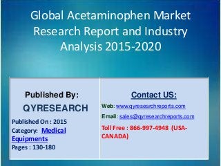 Global Acetaminophen Market
Research Report and Industry
Analysis 2015-2020
Published By:
QYRESEARCH
Published On : 2015
Category: Medical
Equipments
Pages : 130-180
Contact US:
Web: www.qyresearchreports.com
Email: sales@qyresearchreports.com
Toll Free : 866-997-4948 (USA-
CANADA)
 