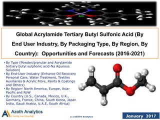 (c) AZOTH Analytics January 2017
Global Acrylamide Tertiary Butyl Sulfonic Acid (By
End User Industry, By Packaging Type, By Region, By
Country): Opportunities and Forecasts (2016-2021)
• By Type (Powder/granular and Acrylamide
tertiary butyl sulphonic acid-Na Aqueous
Solution)
• By End-User Industry (Enhance Oil Recovery,
Personal Care, Water Treatment, Textiles
Auxiliaries & Acrylic Fibre, Paints & Coatings
and Others)
• By Region- North America, Europe, Asia-
Pacific and RoW
• By Country (U.S., Canada, Mexico, U.K.,
Germany, France, China, South Korea, Japan,
India, Saudi Arabia, U.A.E, South Africa)
 