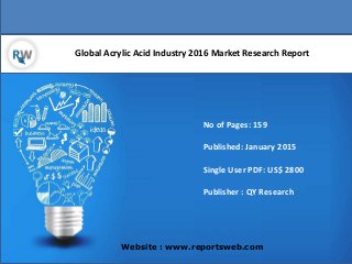 Global Acrylic Acid Industry 2016 Market Research Report
Website : www.reportsweb.com
No of Pages: 159
Published: January 2015
Single User PDF: US$ 2800
Publisher : QY Research
 