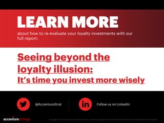 LEARN MOREabout how to re-evaluate your loyalty investments with our
full report:
Copyright © 2017 Accenture All rights reserved. Accenture, its logo, and High Performance Delivered are trademarks of Accenture.
Seeing beyond the
loyalty illusion:
It’s time you invest more wisely
@AccentureStrat Follow us on LinkedIn
 