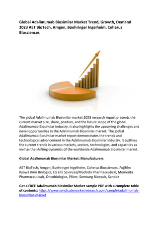 Global Adalimumab Biosimilar Market Trend, Growth, Demand
2023 AET BioTech, Amgen, Boehringer Ingelheim, Coherus
Biosciences
The global Adalimumab Biosimilar market 2023 research report presents the
current market size, share, position, and the future scope of the global
Adalimumab Biosimilar industry. It also highlights the upcoming challenges and
novel opportunities in the Adalimumab Biosimilar market. The global
Adalimumab Biosimilar market report demonstrates the trends and
technological advancement in the Adalimumab Biosimilar industry. It outlines
the current trends in various markets, sectors, technologies, and capacities as
well as the shifting dynamics of the worldwide Adalimumab Biosimilar market.
Global Adalimumab Biosimilar Market: Manufacturers
AET BioTech, Amgen, Boehringer Ingelheim, Coherus Biosciences, Fujifilm
Kyowa Kirin Biologics, LG Life Sciences/Mochida Pharmaceutical, Momenta
Pharmaceuticals, Oncobiologics, Pfizer, Samsung Bioepsis, Sandoz
Get a FREE Adalimumab Biosimilar Market sample PDF with a complete table
of contents: https://www.syndicatemarketresearch.com/sample/adalimumab-
biosimilar-market
 