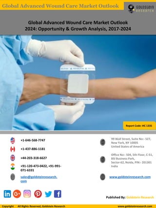 Report Code :HC 1335
Global Advanced Wound Care Market Outlook
2024: Opportunity & Growth Analysis, 2017-2024
+1-646-568-7747
+1-437-886-1181
+44-203-318-6627
+91-120-473-0422, +91-991-
071-6331
sales@goldsteinresearch.
com
www.goldsteinresearch.com
99 Wall Street, Suite No:- 527,
New York, NY 10005
United States of America
Office No:- 504, 5th Floor, C-51,
BSI Business Park,
Sector-62, Noida, PIN:- 201301
India
Published By: Goldstein Research
Copyright All Rights Reserved, Goldstein Research www.goldsteinresearch.comCopyright All Rights Reserved, Goldstein Research www.goldsteinresearch.com
Global Advanced Wound Care Market Outlook
 