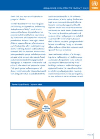 AGEING AND LIFE COURSE, FAMILY AND COMMUNITY HEALTH



about each area were asked in the focus                 social environment and to the economic
groups in all cities.                                   determinants of active ageing. The last two
                                                        topic areas, communication and informa-
The ﬁrst three topics were outdoor spaces
                                                        tion and community support and health
and buildings, transportation, and housing.
                                                        services, involve both social environments
As key features of a city’s physical envi-
                                                        and health and social service determinants.
ronment, they have a strong inﬂuence on
                                                        The cross-cutting active ageing determi-
personal mobility, safety from injury, secu-
                                                        nants of culture and gender were included
rity from crime, health behaviour and social
                                                        only indirectly in this project, because
participation. Another three topics reﬂect
                                                        their inﬂuence on active ageing extends far
diﬀerent aspects of the social environment
                                                        beyond urban living. Owing to their over-
and of culture that aﬀect participation and
                                                        riding inﬂuence, these determinants merit
mental wellbeing. Respect and social inclu-
                                                        specially focused initiatives.
sion deals with the attitudes, behaviour and
messages of other people and of the commu-              As with the determinants of active age-
nity as a whole towards older people. Social            ing, these eight aspects of city life overlap
participation refers to the engagement of               and interact. Respect and social inclusion
older people in recreation, socialization, and          are reﬂected in the accessibility of the
cultural, educational and spiritual activities.         buildings and spaces and in the range of
Civic participation and employment ad-                  opportunities that the city oﬀers to older
dresses opportunities for citizenship, unpaid           people for social participation, entertain-
work and paid work; it is related to both the           ment or employment. Social participation,
                                                        in turn, inﬂuences social inclusion, as well



  Figure 6. Age-friendly city topic areas
                                    Tra




                                                              g
                                       nsp




                                                           usin
                                          ort




                                                         Ho
                                             atio




                        Out                                                        tion
                                                 n




                           d
                        and oor sp                                             cipa
                            buil aces                                    lparti
                                ding
                                     s                           S   ocia
                                            Age-
                                          friendly
                                        rt city                  R
                                 su ppo
                                      es                       soc espect
                             nity rvic                            ial i
                          mu alth se                                    ncluand
                                                     Civ d em




                                                                            sion
                       Com he
                                           rma n

                                                       an
                                              tion
                                       info icatio




                        and
                                                        ic p plo
                                                            arti yme
                                    and mun




                                                                cip nt
                                     Com




                                                                   atio
                                                                       n




                                                                                                        PAGE 9
 