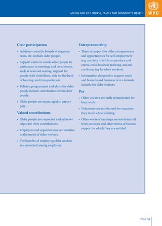 AGEING AND LIFE COURSE, FAMILY AND COMMUNITY HEALTH




Civic participation                             Entrepreneurship
• Advisory councils, boards of organiza-        • There is support for older entrepreneurs
  tions, etc. include older people.               and opportunities for self-employment
                                                  (e.g. markets to sell farm produce and
• Support exists to enable older people to
                                                  crafts, small business training, and mi-
  participate in meetings and civic events,
                                                  cro-ﬁnancing for older workers).
  such as reserved seating, support for
  people with disabilities, aids for the hard   • Information designed to support small
  of hearing, and transportation.                 and home-based business is in a formats
                                                  suitable for older workers.
• Policies, programmes and plans for older
  people include contributions from older       Pay
  people.
                                                • Older workers are fairly remunerated for
• Older people are encouraged to partici-         their work.
  pate.
                                                • Volunteers are reimbursed for expenses
Valued contributions                              they incur while working.
• Older people are respected and acknowl-       • Older workers’ earnings are not deducted
  edged for their contributions.                  from pensions and other forms of income
                                                  support to which they are entitled.
• Employers and organizations are sensitive
  to the needs of older workers.
• The beneﬁts of employing older workers
  are promoted among employers.




                                                                                             PAGE 59
 