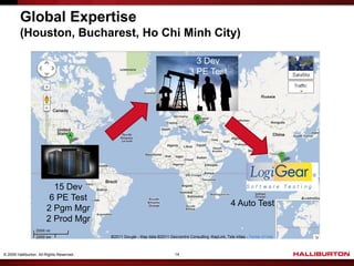 Global Expertise
         (Houston, Bucharest, Ho Chi Minh City)

                                                  3 Dev
                                                3 PE Test




                          15 Dev
                         6 PE Test
                                                            4 Auto Test
                        2 Pgm Mgr
                        2 Prod Mgr


© 2009 Halliburton. All Rights Reserved.   14
 