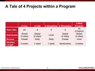 A Tale of 4 Projects within a Program



                                                                                                   A Bull
                                           A Cow       A Colt      A SheepDog A SheepDog         Program
                                                                                                     35
           Team Size                          20          8               2           5
                                                                                                 (4 teams)
                                            Global      Global                      Global         Global
           Distributed                                                   Local
                                           (3 sites)   (2 sites)                   (4 sites)      (4 sites)
           Scrums                           3/week       Daily           Daily      2/week          none
           Iteration
                                           3 weeks     1 week        1 week      Iterationless   3 weeks
           Length




© 2009 Halliburton. All Rights Reserved.                            20
 