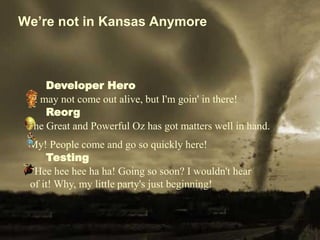 We’re not in Kansas Anymore



                  Developer Hero
               I may not come out alive, but I'm goin' in there!
                  Reorg
              The Great and Powerful Oz has got matters well in hand.
                My! People come and go so quickly here!
                    Testing
                "Hee hee hee ha ha! Going so soon? I wouldn't hear
                of it! Why, my little party's just beginning!



© 2009 Halliburton. All Rights Reserved.     8
 