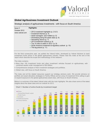 Global Agribusiness Investment Outlook
Strategic analysis of agribusiness investments - with focus on South America

Issue 3                Highlights:
October 2012
                            •   2012 investment highlights (p. 2 & 3)
www.valoral.com
                            •   Investment themes (p. 4)
                            •   Asset managers: size matters (p. 5)
                            •   Diversifying along the asset class (p. 6)
                            •   Harvesting returns (p. 7)
                            •   2013 Investment outlook (p. 8)
                            •   Top 10 risks to watch in 2013 (p. 9)
                            •   South America investment & regulatory outlook (p. 10)
                            •   The big picture (p. 11)


For the third consecutive year, we publish the Valoral Index, developed by Valoral Advisors to track
investment funds active in the global agribusiness industry. Please read the notes at the end of the
report which describe the scope and methodology of this research.

The index contains:
• More than 100 investment funds and other investment vehicles focused on agribusiness, with
  combined assets under management of $24 Billion
• Comprehensive analysis of their investment strategies and portfolios.
• Global view, with focus on South America.

The index and all the related resources support our strategy advisory work. We provide advisory on
portfolio and asset allocation strategies to Family Offices and an array of investment firms willing to gain
or expand exposure to the global agribusiness asset class, with focus on South America.

Below is a summary of the latest Valoral index with the main highlights. We also share some of the latest
insights about the asset class and our outlook for 2013.

  Chart 1: Number of active funds by investment target

    Others                                                               113     112     113     114     114
    Venture/Risk/Growth capital                         106     108                               3       3
                                                 101                      3       3       3
                                                                          5               7       7       7
    Private Equity                                  2   4 2     4 3               6
    Farmland                                     4                       19      19      19      19      19
                                         85              19      19
    Traditional Equities                   2     18
                                         3
    Futures Markets             68
                                         17                              34
                                 2                       34      34              34      35      35      35
                                13               32
                                          26
                      39
                                   18
                       1
            25         9                                 23      32      36      34      33      32      32
                                                 22
             1       13            7      21
    15       8
    5       11         2
                                   15     15     16      16      16      16      16      16      18      18
    9               10

    '05     '06       '07         '08     '09    '10    Q1'11   Q2'11   Q3'11   Q4'11   Q1'12   Q2'12   Q3'12
 